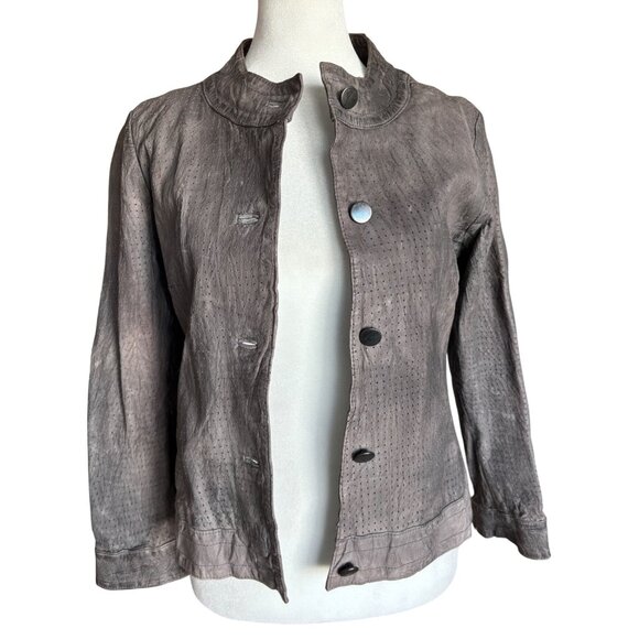 7 For All Mankind Womens Gray Leather Perforated Jacket Red Lining Grunge Moto - Picture 1 of 11